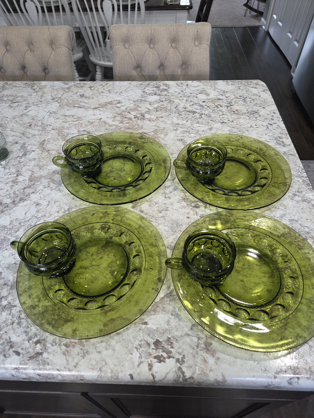 Vintage INDIANA GLASS Green KINGS CROWN Thumbprint Snack Plate w/Cup Set of 4